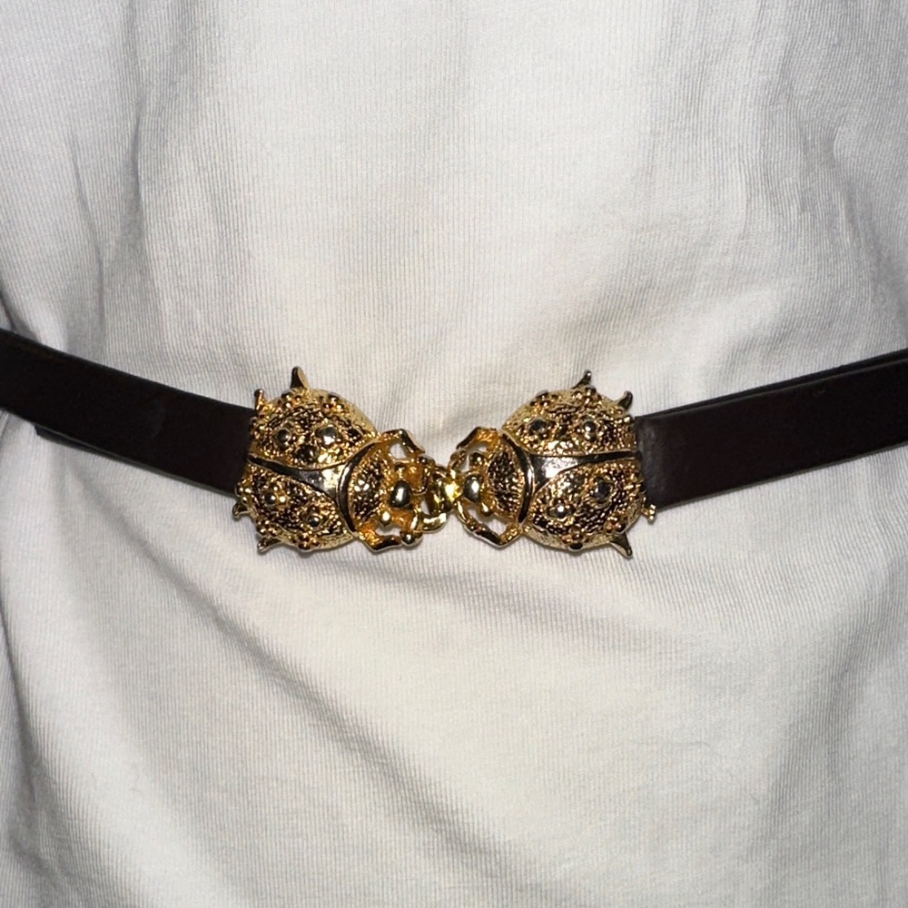 Vintage 70s/80s Thin Dark Brown Adjustable‎ Belt with Gold Ladybug Buckle